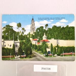 Plaza de Panama & California Tower Balboa Park San Diego CA 1930s Linen Postcard